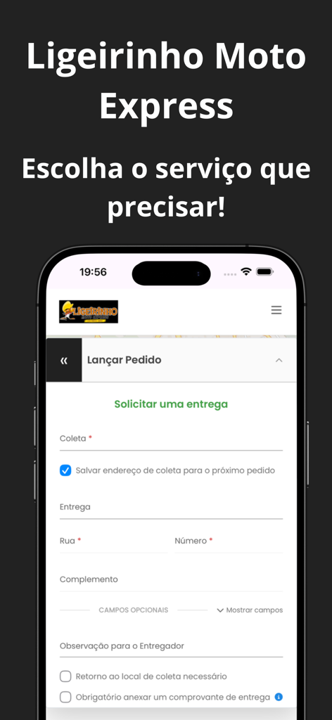 Ligeirinho Moto Express - Aplicativo móvel Ligeirinho Moto Express mostrando o formulário de solicitação de entrega com campos de endereço de coleta e entrega