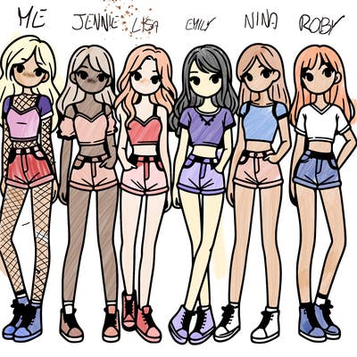 a group of girls wearing crop tops and shorts