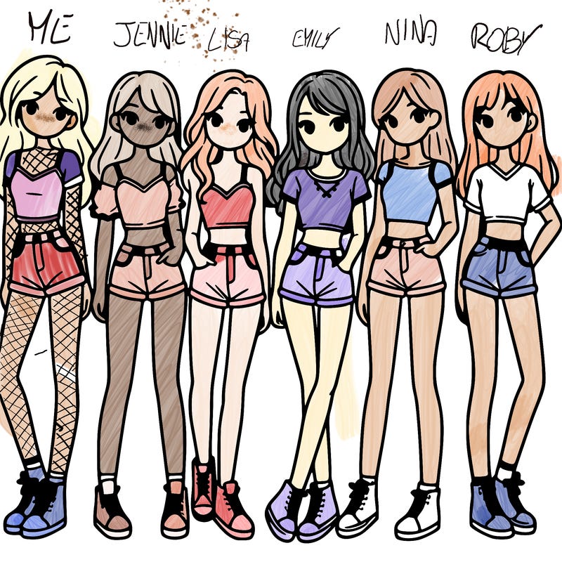 a group of girls wearing crop tops and shorts