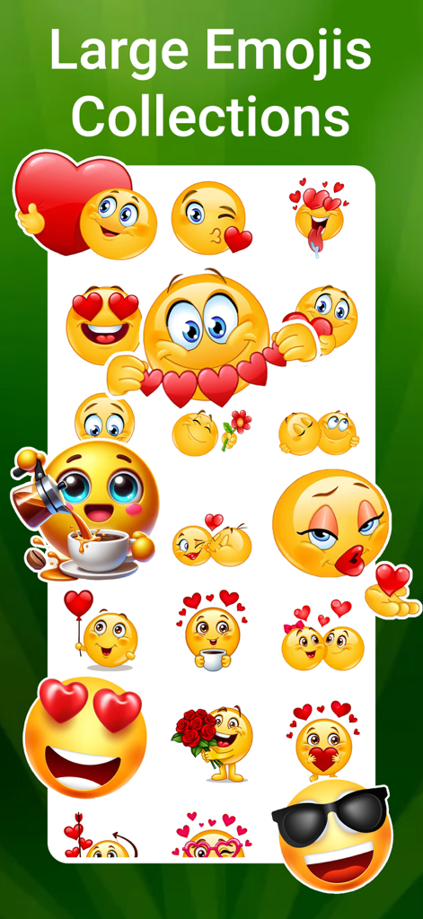 A collection of large expressive emoji stickers featuring hearts and love themes for WhatsApp