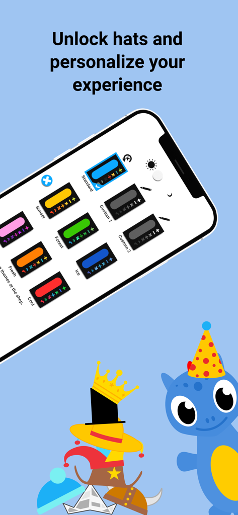 Matix: mental math training - Matix math app customization screen with different color themes and collectible hats