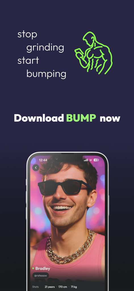 BUMP: Gay adventure app - BUMP app screenshot featuring a male user profile and the slogan stop grinding start bumping
