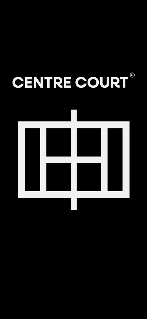 Centre Court App - Centre Court app minimalist white logo and court icon on a black background