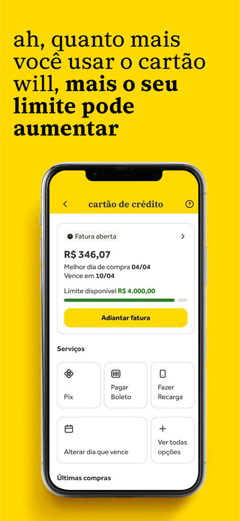 A smartphone showing the Banco will credit card interface with options for bills pix and credit limit management on a bright yellow background
