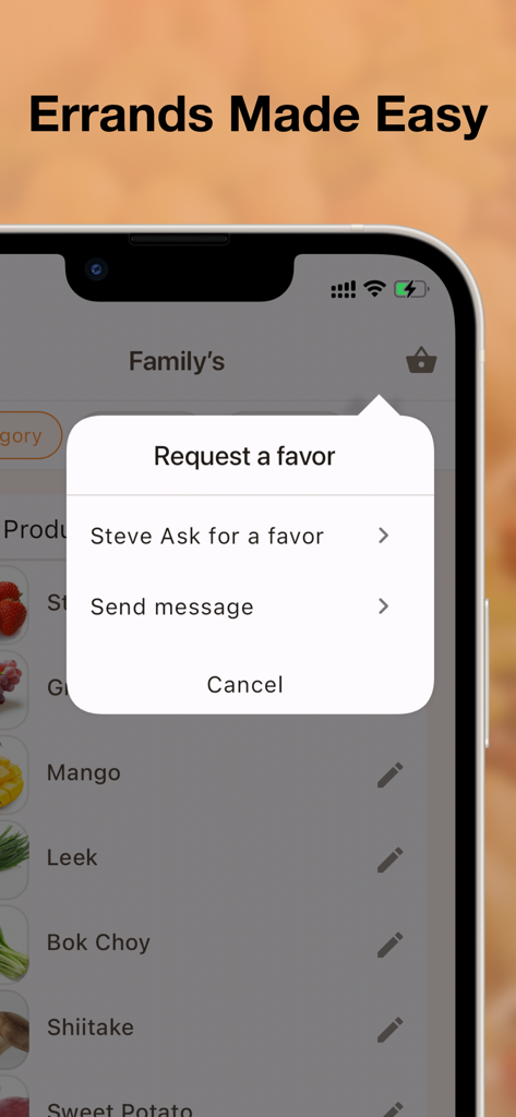 Shared shopping list : basket - Una captura de pantalla de la aplicación móvil que muestra un menú de solicitar un favor sobre una lista de compras compartida