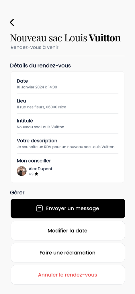 A mobile app screen showing details of an upcoming luxury shopping appointment with a personal advisor for a Louis Vuitton bag