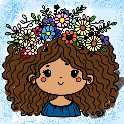 curly hair girl with flowers crown