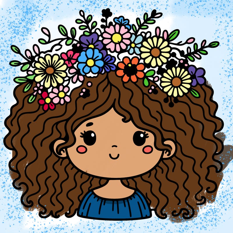 curly hair girl with flowers crown