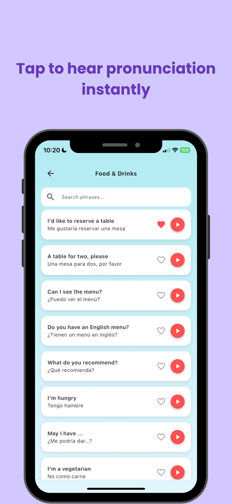 Spanish Phrasebook - スペイン語会話帳アプリのインターフェース。音声再生ボタン付きの飲食フレーズが表示されています