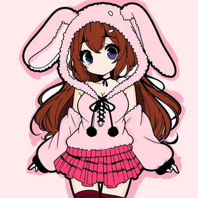 pretty anime girl wearing a fluffy hoodie with bunny ears on the hood and a skirt