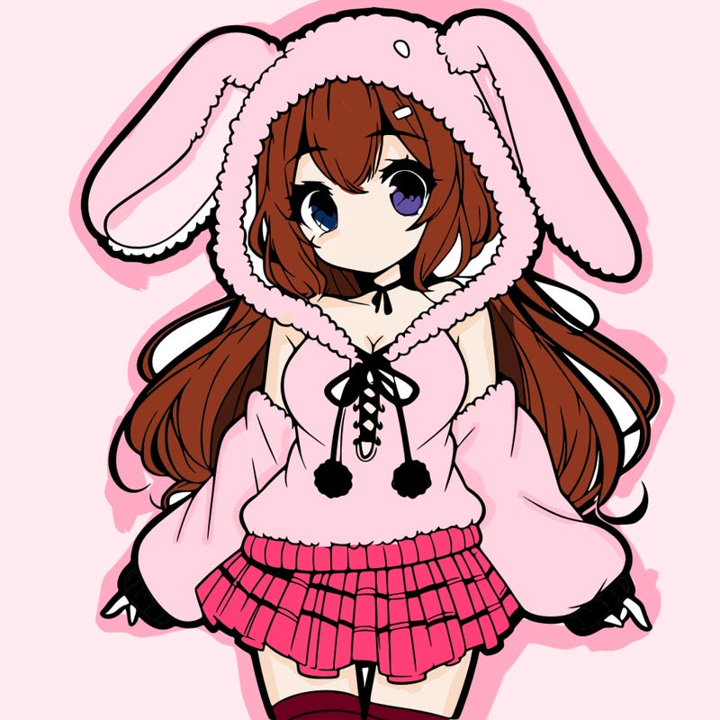 pretty anime girl wearing a fluffy hoodie with bunny ears on the hood and a skirt