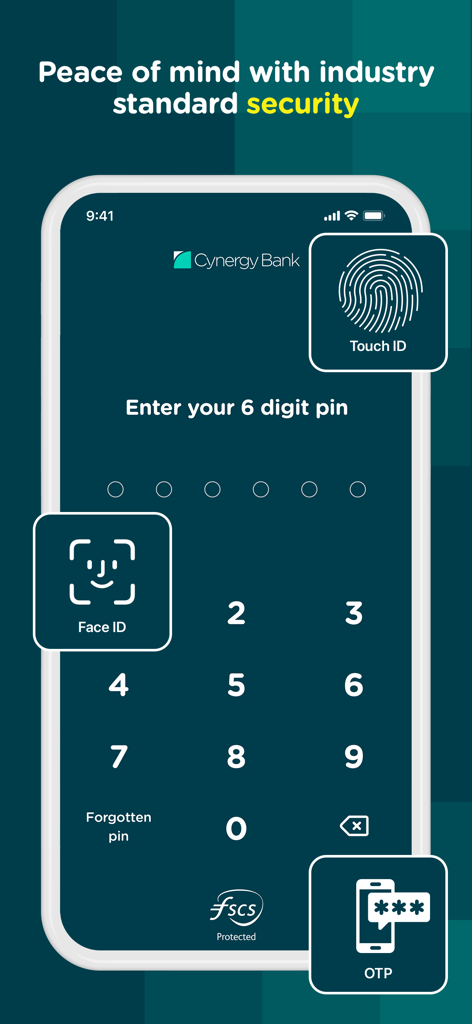 Pantalla de inicio de sesión de la aplicación de banca móvil de Cynergy Bank que muestra funciones de seguridad como PIN, Face ID y Touch ID.