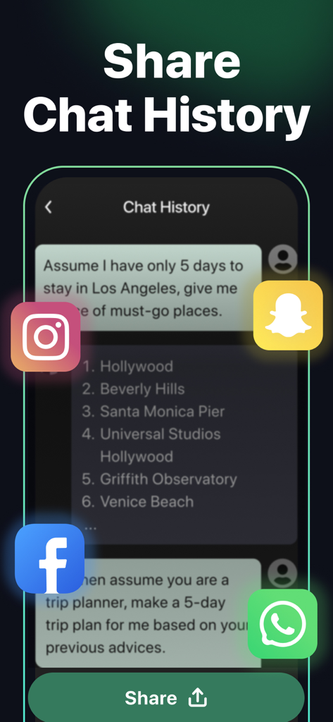 AI Chat − AI Chatbot Assistant - A mobile app interface for AI Chat showing chat history sharing options for social media platforms like Instagram and Facebook