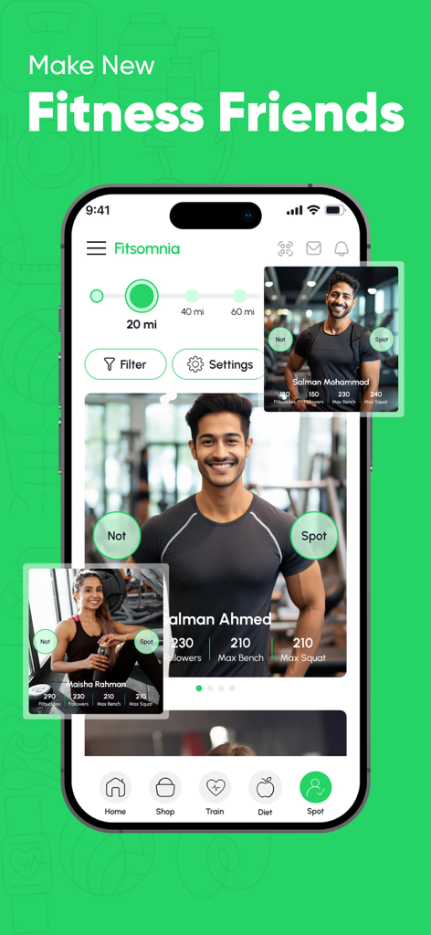 Fitsomnia: AI Fitness App - Fitsomnia Mobile App-Bildschirm, der die Spot-Funktion zum Finden und Verbinden mit lokalen Fitnesspartnern anzeigt.