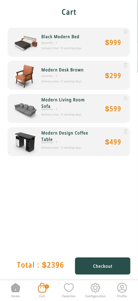 Shopping cart screen in the Easy AR Furniture app showing selected furniture items and total price