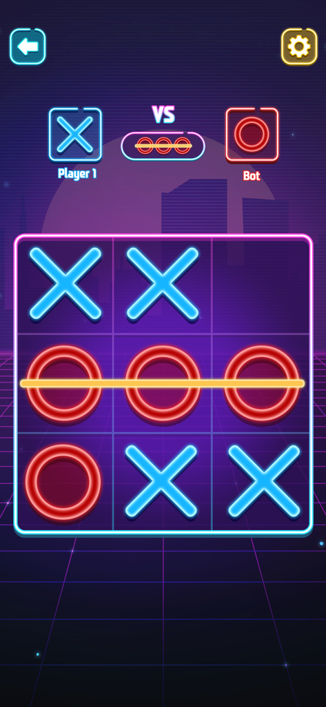 Tic Tac Toe - No Wifi Games - A neon-themed Tic Tac Toe game screen showing a winning match for the bot player