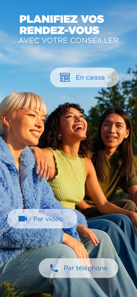 Crédit Mutuel Banque Assurance - Crédit Mutuelモバイルアプリで、ビデオ、電話、または対面での銀行予約をスケジュールするオプション。