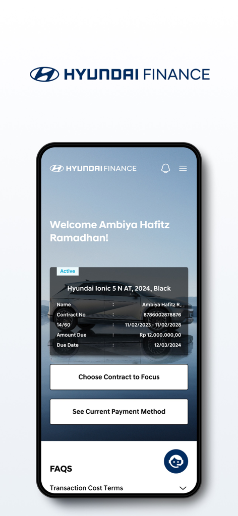 Panel de la aplicación móvil Hyundai Finance mostrando detalles del contrato de préstamo del vehículo e información de pago