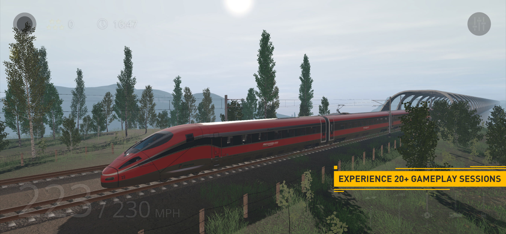 A red high-speed train traveling through a scenic landscape in Trainz Simulator 3