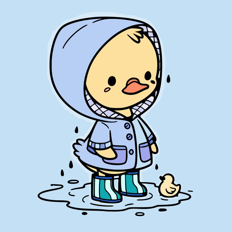 baby duck in a rain coat and boots, in a puddle while it’s raining