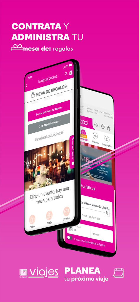 Liverpool: Compra en línea - Liverpool app screens featuring the gift registry and travel planning services.