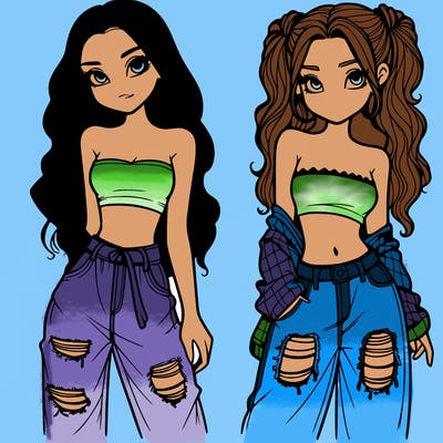 2 girls in crop tops and baggy jeans ripped