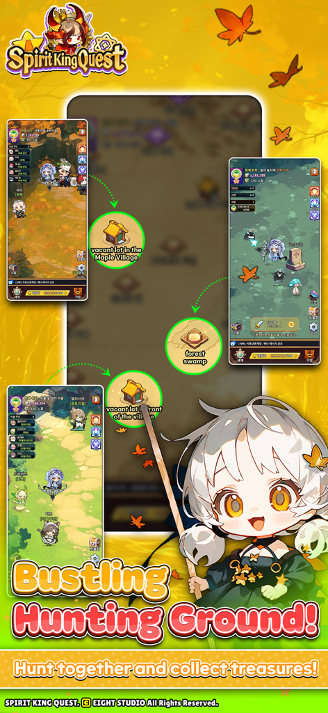 Spirit King Quest - A promotional image for Spirit King Quest displaying gameplay maps and the bustling hunting ground feature