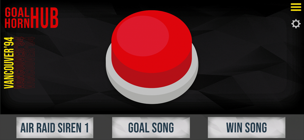 Goal Horn Hub - Interface of the Goal Horn Hub app featuring a large red button and sound options for Vancouver 94