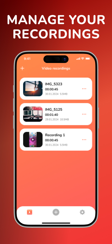 Screen Recorder Video Record - Interfaz de la aplicación Screen Recorder mostrando una lista de grabaciones de video guardadas con marcas de tiempo y tamaños de archivo