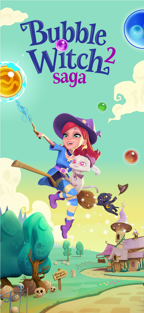 Stella the witch riding a broomstick with her cats in a whimsical fantasy landscape