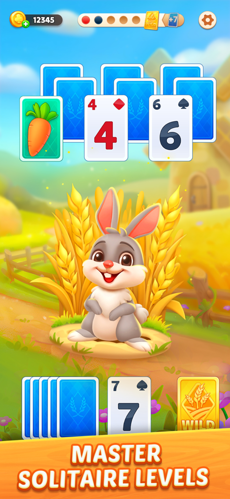 TriPeaks solitaire gameplay with a cute bunny and farm scenery