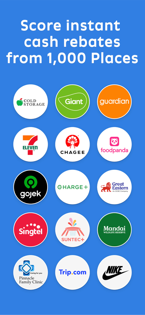 A list of partner brand logos including Nike, 7-Eleven, and Giant where users can earn cash rebates