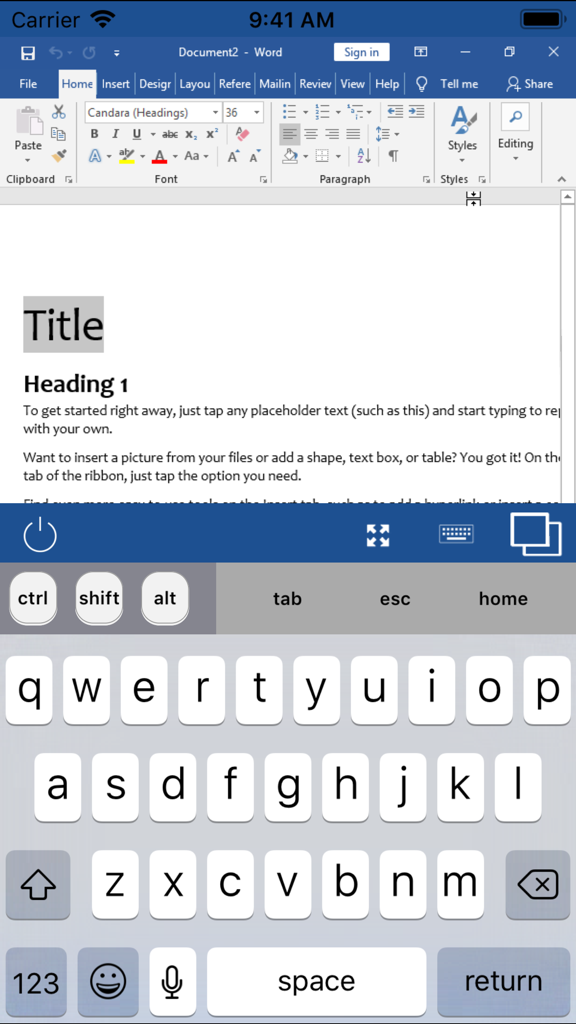GO-Global - Interfaccia dell'app GO-Global che mostra Microsoft Word in esecuzione su un telefono cellulare con una tastiera Windows specializzata