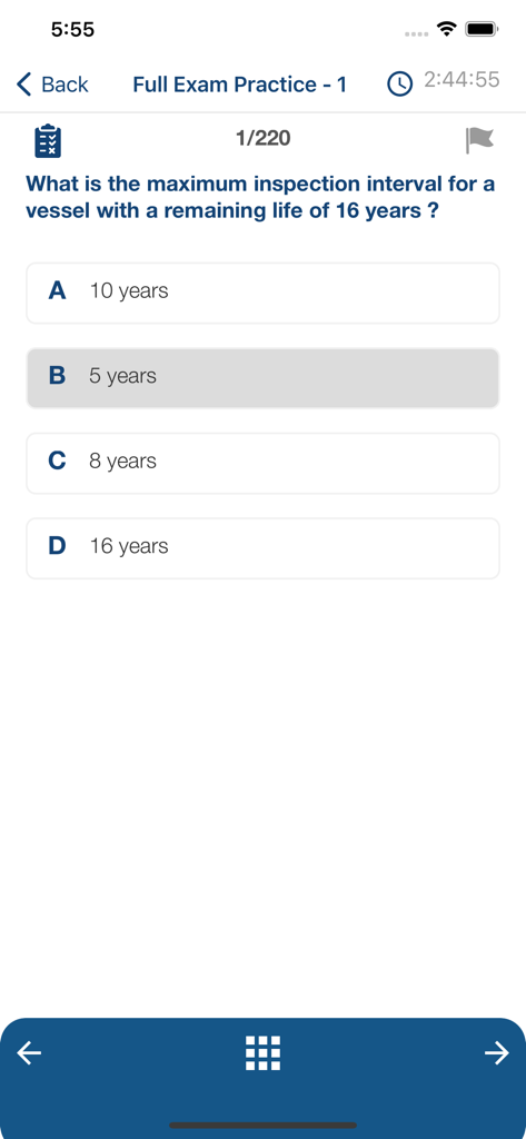 API 570 Helpmate - API 570 Helpmate practice quiz interface showing a technical question about inspection intervals