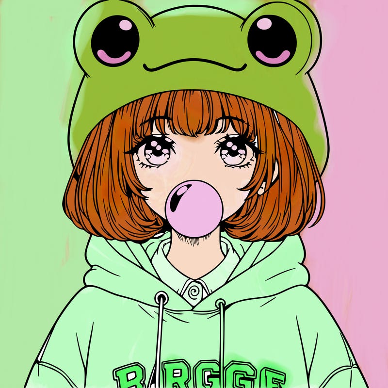 a girl with a cute frog hat with a big baggie sweatshirt short hair and blowing a piece of bubble gum, realistic
