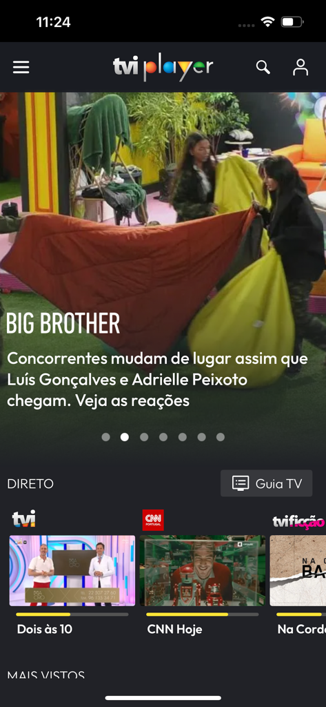 TVI Player mobile application interface showing Big Brother Portugal and live TV channels including CNN Portugal.