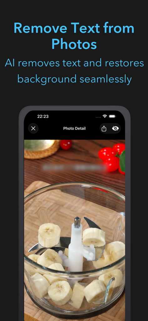 SnapOCR – Video Text Tool - SnapOCR app showing AI removing text and restoring background on a photo of a food processor with bananas
