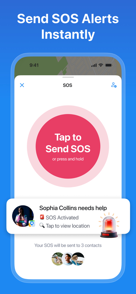 Phone Tracker - Share Location - Una interfaz móvil para la aplicación Rastreador de Teléfono que muestra un gran botón de alerta SOS de un solo toque y una notificación de ayuda para la seguridad familiar de emergencia.