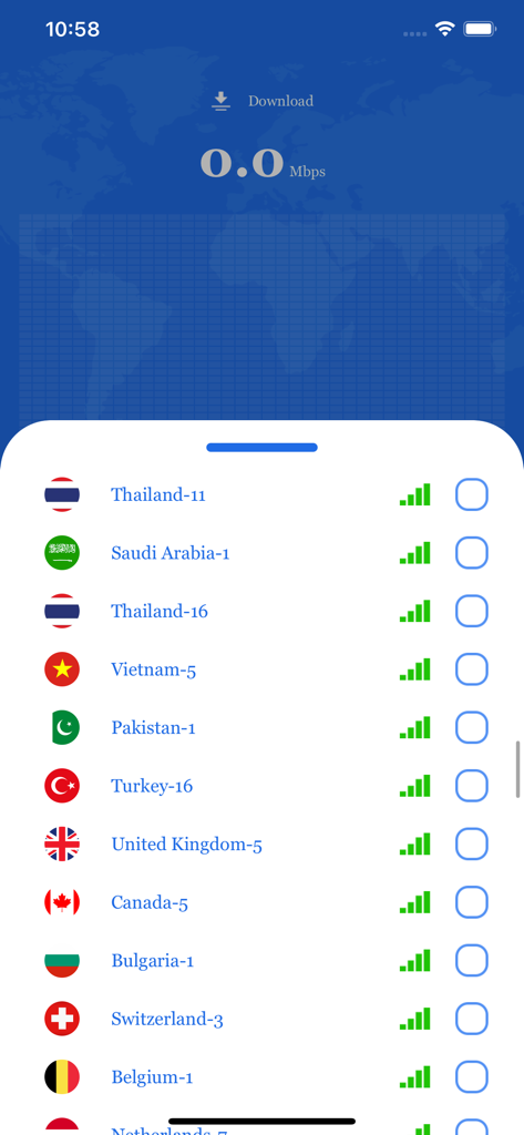 VPN Connect - Fast VPN Hotspot - List of available global server locations in the VPN Connect app with signal strength indicators