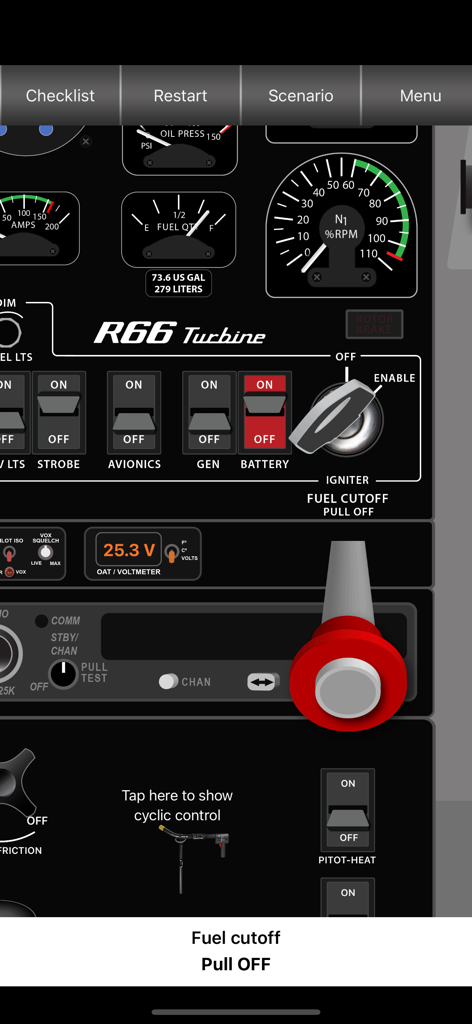 R66 Cockpit Trainer - Simulação interativa da cabine do helicóptero Robinson R66 mostrando o controle de corte de combustível