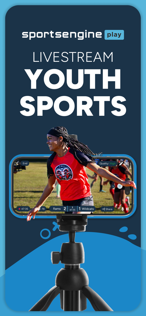 SportsEngine Play - Un smartphone sur un trépied diffusant en direct un match de football de jeunesse avec l'application SportsEngine Play