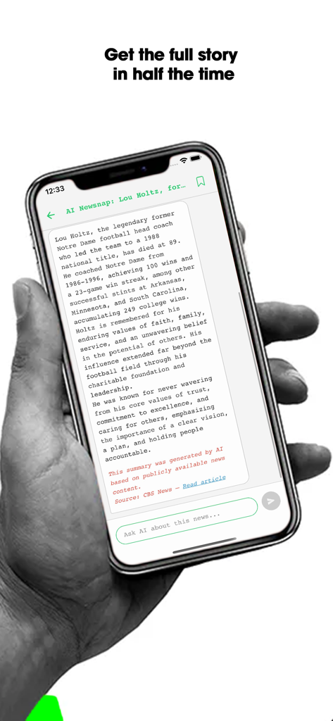 Smartphone screen showing an AI generated news summary and chat interface in the Newsnap app