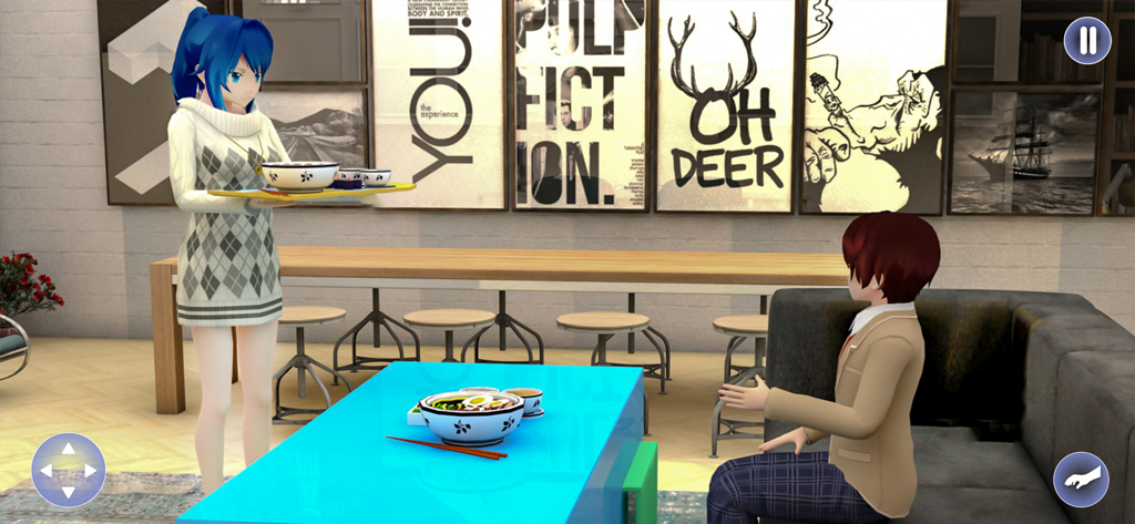 Anime School Teacher Sim Games - Ein Anime-Lehrer serviert einer Figur in einem modernen Raum Essen.