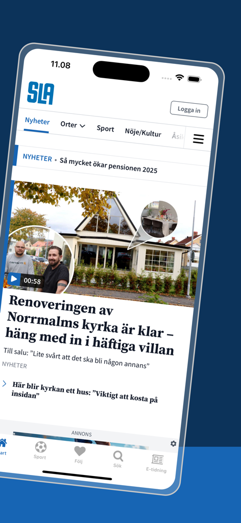 Interfaz de la app de noticias SLA con titulares suecos y feed de noticias local