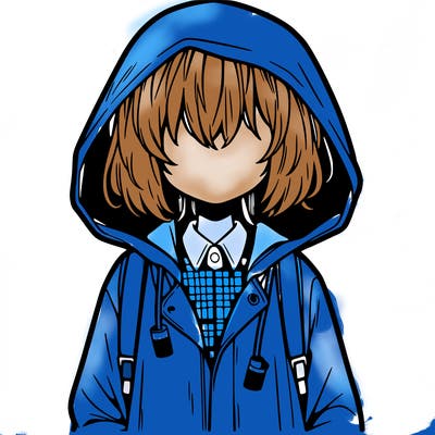 little anime girl in a raincoat her hair is covering her eyes she has a lighter