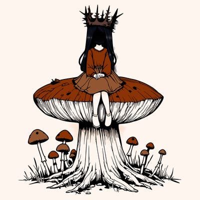 realistic girl sitting on a huge tree stump size toadstool with thorn crown