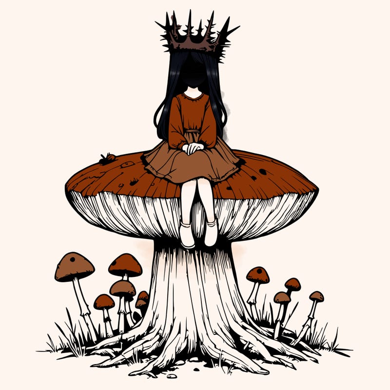 realistic girl sitting on a huge tree stump size toadstool with thorn crown