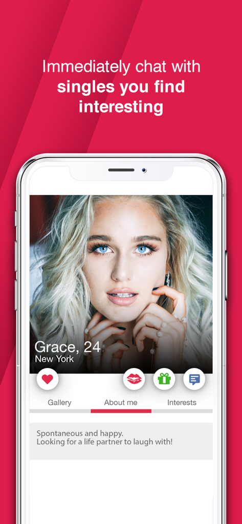 MyDates - Long lasting love - Mobile screen displaying a user profile on the MyDates dating app with options to like, chat, and send digital gifts