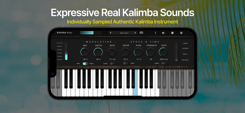 Kalimba Keys - Kalimba Keys mobile app interface showing professional sound modulation controls and virtual keyboard.