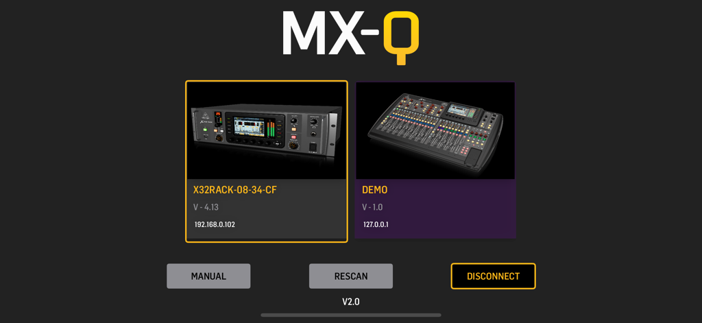 MX-Q app mixer selection screen featuring a Behringer X32 Rack and a demo console interface
